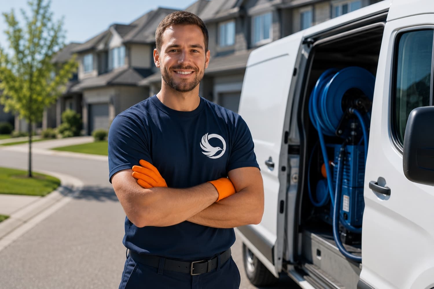A friendly YOFF Home Services technician by the service van in a Calgary neighbourhood